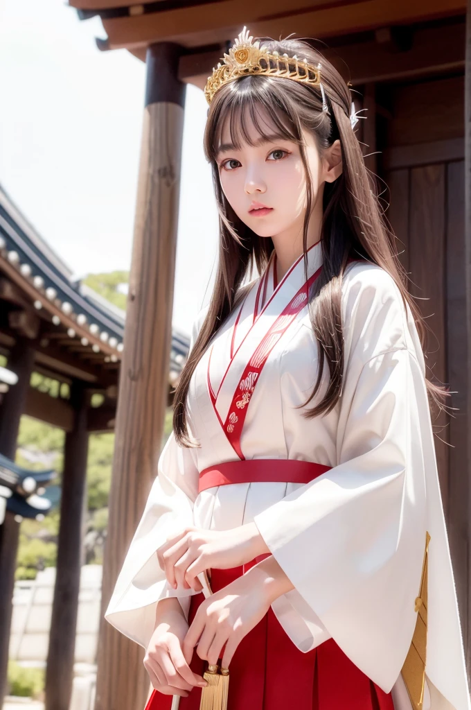 White hunting uniform, a shinto shrine maiden, detailed face, detailed eyes, detailed lips, long straight brown hair, gold simple thin hair tiara, red straight lines on white outfit, conservative outfit, holding silver scissors, standing in a shrine courtyard, upper body closeup, high quality, digital art, photorealistic, dramatic lighting, cinematic, masterpiece