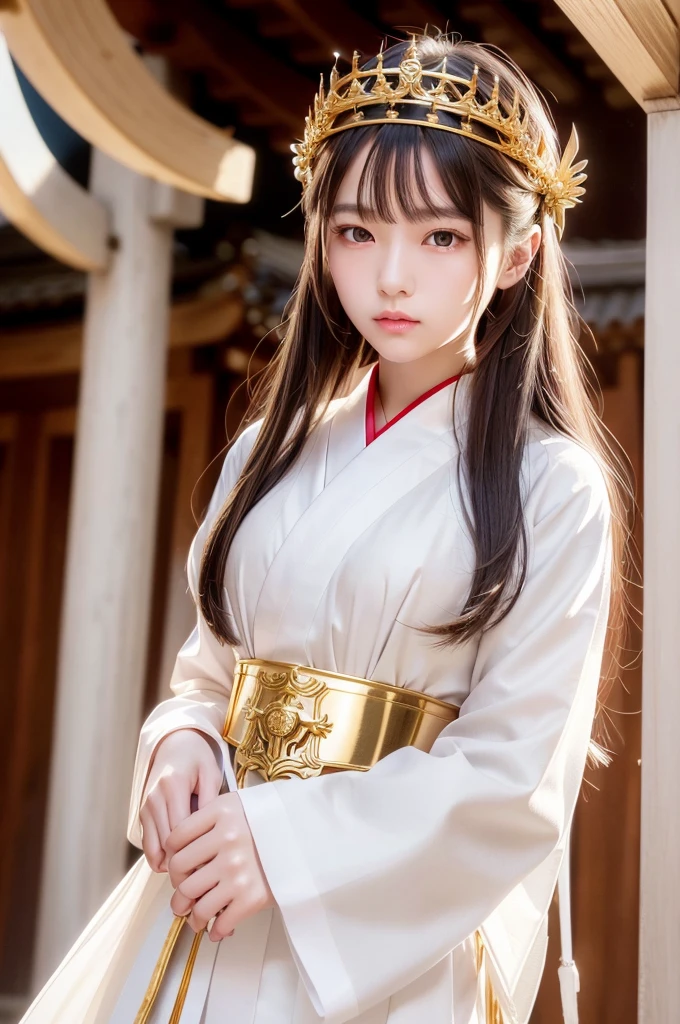 White hunting uniform, a shinto shrine maiden, detailed face, detailed eyes, detailed lips, long straight brown hair, gold simple thin hair tiara,  red straight lines on white outfit, conservative outfit, holding silver scissors, standing in a shrine courtyard, upper body closeup, high quality, digital art, photorealistic, dramatic lighting, cinematic, masterpiece