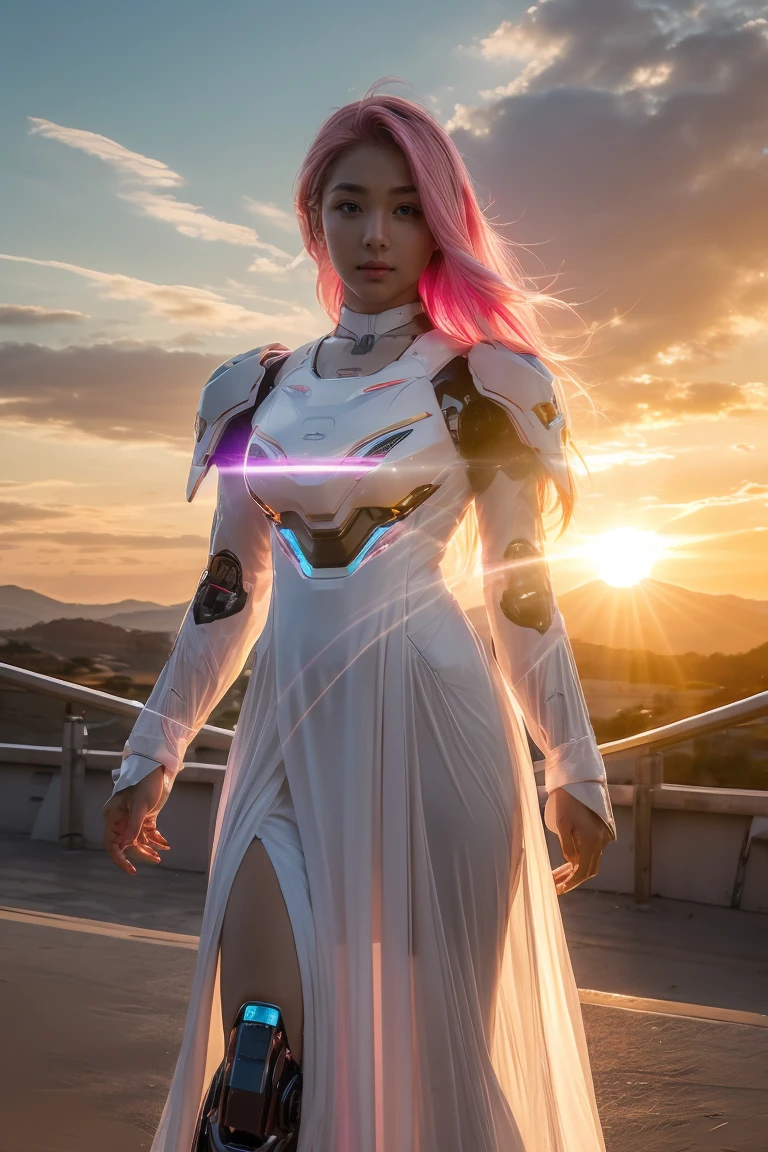 ((Masterpiece, best quality, very detailed), Volumetric light, surrounding occlusion, colorful, glow), Age 10, 1 girl, alone, young girl, Japanese, (pink hair), long hair, radius, Aura, sacred, owner, cybersuits, (white dress:1.3), robot, Bot,, outdoor, sunset, sky, cloud, space, (cyberpunk theme:1.2), shiny body It has a hard shell covering it., ข้อต่อแบบrobot, หูแมวแบบrobot, ชุดเกราะแบบrobot,glowสีชมพู