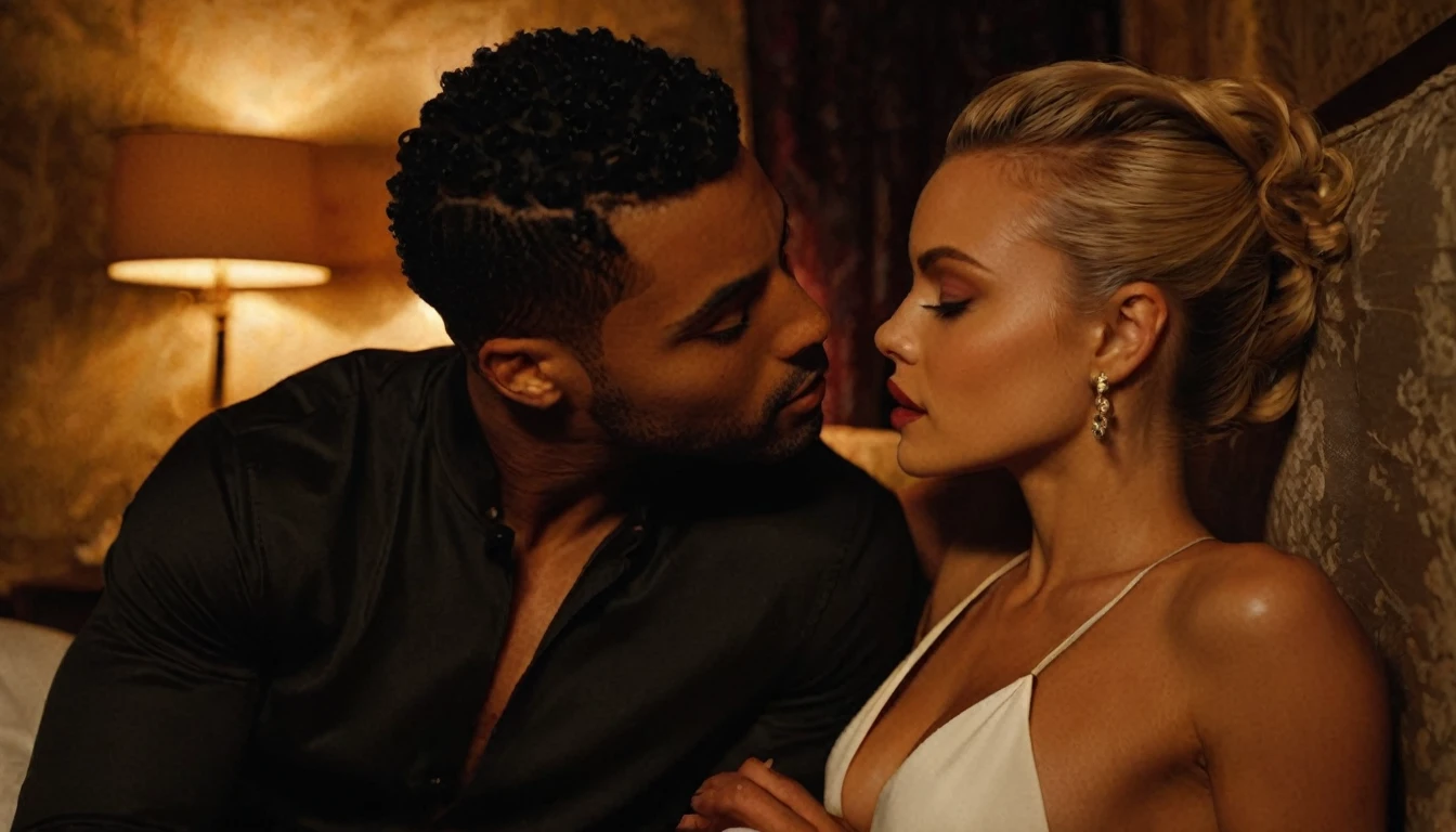 British actress/model Wallis Day and a handsome African American male whose facial features are a combo of Christian Keyes + Broderick Hunter + Nathan Mitchell share a steamy kiss inside a bedroom lit only by candlelight. Wallis has lovely makeup on her face. Nighttime. Romantic ambiance. Symmetrical eyes. Symmetrical faces. Lovely details. Photorealistic. Full-colored photo. Professional photo. Highly detailed 8K.