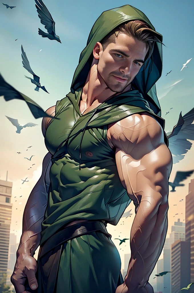 dark blue background,white mist,A handsome tall man (((Stephen AMELL))) floating in the night,He is 28 years old,Thin waist,The pectoral muscles are well developed, He is 175cm tall,Weight 72 kg、blue-green eyes、brown hair color、short hair、Toplesuscle,The body is slightly covered with transparent dark green gauze,You can see the body underneath, Countless birds flying in the sky,underwear,Black feather,looking TO THE VIEWER,smiling ,