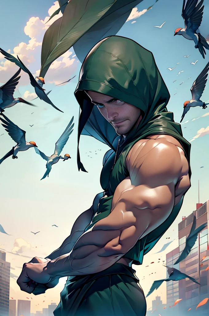 dark blue background,white mist,A handsome tall man (((Stephen AMELL))) floating in the night,He is 28 years old,Thin waist,The pectoral muscles are well developed, He is 175cm tall,Weight 72 kg、blue-green eyes、brown hair color、short hair、Toplesuscle,The body is slightly covered with transparent dark green gauze,You can see the body underneath, Countless birds flying in the sky,underwear,Black feather,looking TO THE VIEWER,smiling ,