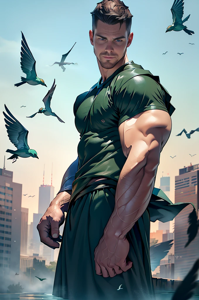 dark blue background,white mist,A handsome tall man (((Stephen AMELL))) floating in the night,He is 28 years old,Thin waist,The pectoral muscles are well developed, He is 175cm tall,Weight 72 kg、blue-green eyes、brown hair color、short hair、Toplesuscle,The body is slightly covered with transparent dark green gauze,You can see the body underneath, Countless birds flying in the sky,underwear,Black feather,looking TO THE VIEWER,smiling ,
