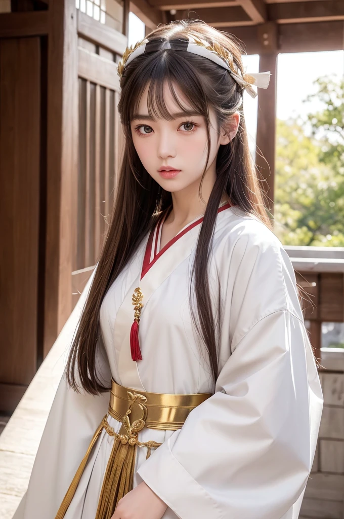 White hunting uniform, a shinto shrine maiden, detailed face, detailed eyes, detailed lips, long straight brown hair, gold simple thin hair band, red straight lines on white outfit, conservative outfit, holding silver scissors, standing in a shrine courtyard, upper body closeup, high quality, digital art, photorealistic, dramatic lighting, cinematic, masterpiece