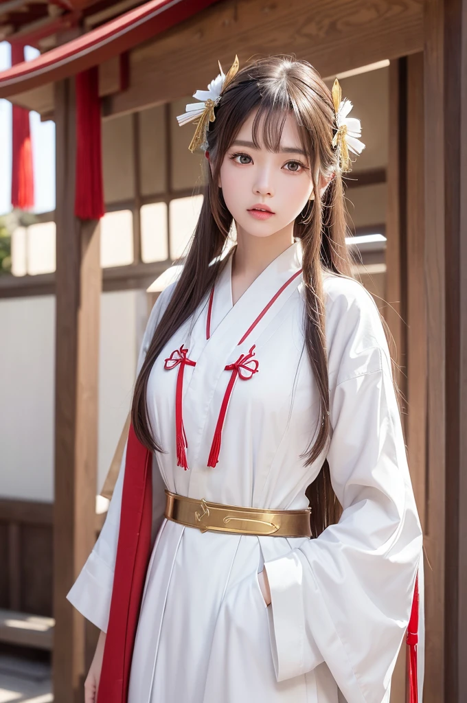 White hunting uniform, a shinto shrine maiden, detailed face, detailed eyes, detailed lips, long straight brown hair, gold simple thin hair band,  red straight lines on white outfit, conservative outfit, holding silver scissors, standing in a shrine courtyard, upper body closeup, high quality, digital art, photorealistic, dramatic lighting, cinematic, masterpiece