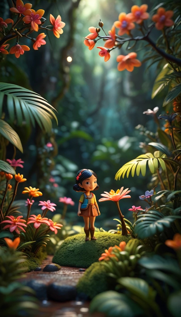A stunning, ultra-realistic 3D render of a miniature scene set in a magical rainforest. The low-key mood is enhanced by the soft lighting, casting a warm glow over the delicate colorful flowers and softly lit branches. The depth of field creates a sense of depth and atmosphere, with the bright cinematic lighting highlighting the intricate details of the scene. The happy, smiling miniature figure adds a touch of whimsy, while the wide landscape view and sharp focus showcase the super complex design and outstanding quality of the image.