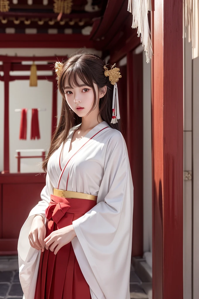 White Robe, Red line from shoulder to hip, a shinto shrine maiden, detailed face, detailed eyes, detailed lips, long straight brown hair, gold simple thin hair band, conservative outfit, holding silver scissors, standing in a shrine courtyard, upper body closeup, high quality, digital art, photorealistic, dramatic lighting, cinematic, masterpiece