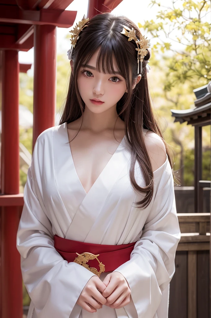 White Robe, Red line from shoulder to hip, a shinto shrine maiden, detailed face, detailed eyes, detailed lips, long straight brown hair, gold simple thin hair band, conservative outfit, holding silver scissors, standing in a shrine courtyard, upper body closeup, high quality, digital art, photorealistic, dramatic lighting, cinematic, masterpiece