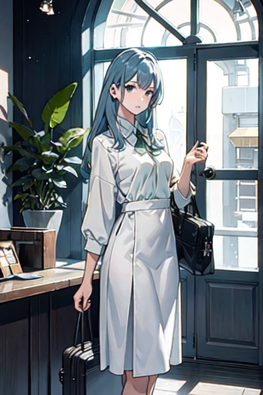 A girl around , a little more mature, active and casually dressed, with medium-long light ash blue hair and beautiful jade-colored almond eyes, about 125cm tall, in the lobby of an outer space relay spaceport, there are a moderate number of people behind her, a check-in counter in the far right, a potted plant, a planet visible through the window to the left, she is holding a travel bag, standing to the right, facing left and looking out the window