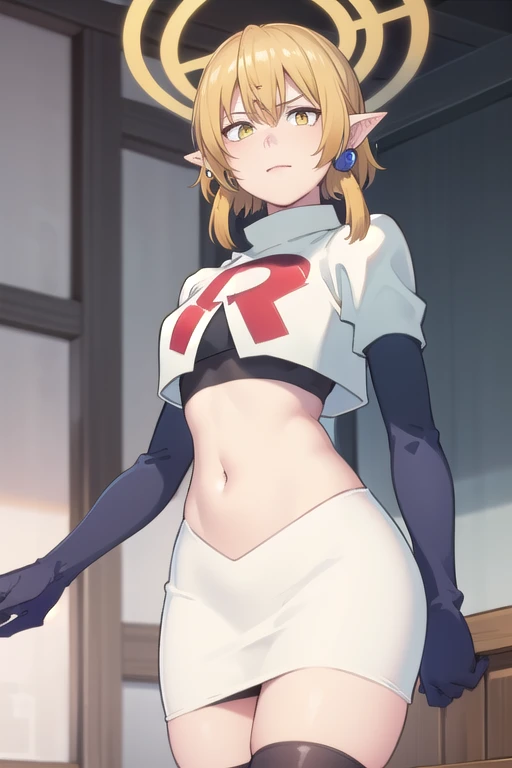 (Masterpiece), (realistic skin texture), extremely detailed, best quality, woman, short hair, blonde hair, yellow eyes, long twintails, pointy ears, halo, gold and purple earrings, team rocket,team rocket uniform,white skirt,red letter R,crop top,black thigh-highs,black elbow gloves