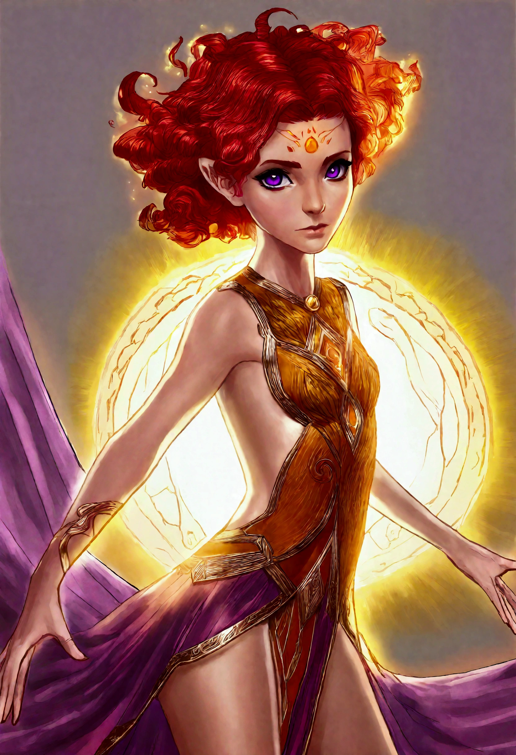Kate Mara, age 25 (sun elf, almond skin, fire red hair curly, over large violet eyes, sheer golden silk gown with intricate embroidery, no underwear) doing a ritual dance (large exaggerated ballet like movements) to greet the sun, ivy covered shrine, show her from head to toe