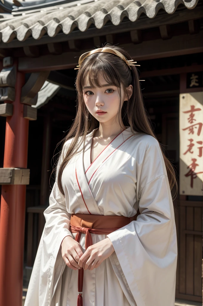 White Robe, Red line from shoulder to hip, a shinto shrine maiden, detailed face, detailed eyes, detailed lips, long straight brown hair, gold simple thin hair band, conservative outfit, holding silver scissors, standing in a shrine courtyard, upper body closeup, high quality, digital art, photorealistic, dramatic lighting, cinematic, masterpiece
