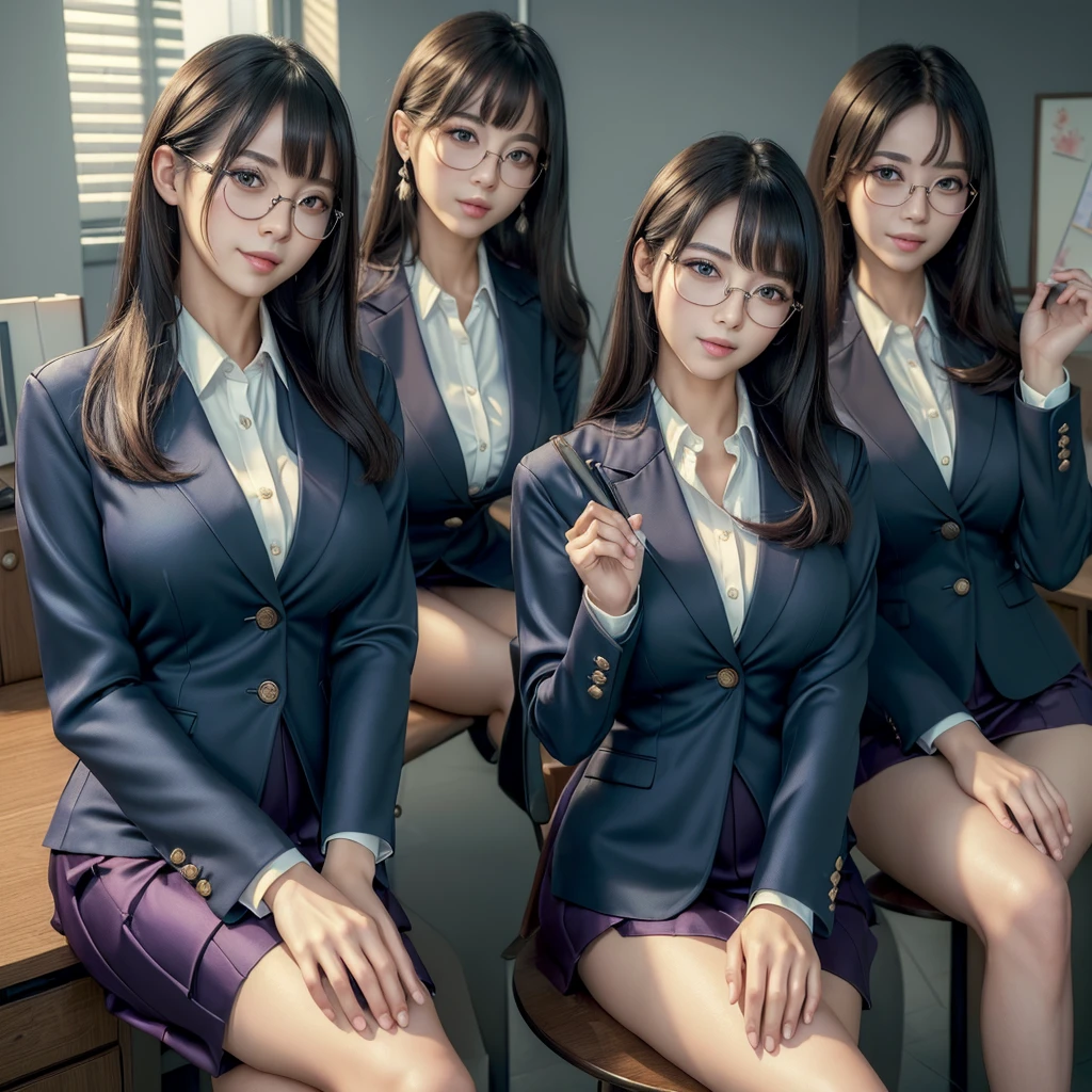 (best quality, masterpiece:1.5), (ultra-detailed, realistic:1.37),4K,(4woman:1.5),japanese,cute,beautiful,(silk office uniform:1.2),(tight skirt),(glasses),(big breast),