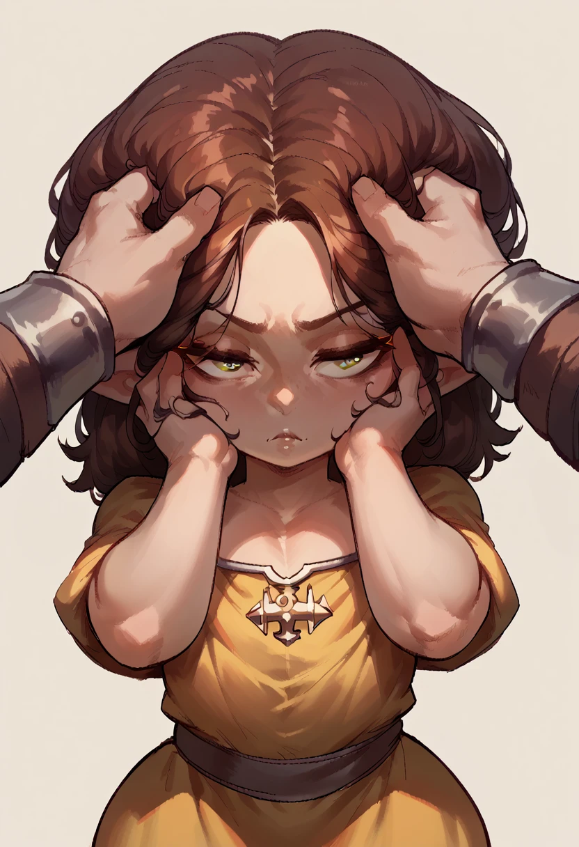 Shortstack, gnome fantasy race, elf like ears, Dark brown styled up hair, wearing golden medieval dress, upper body portrait, voluptuous body, Girl facing viewer, flat chest, hands on face