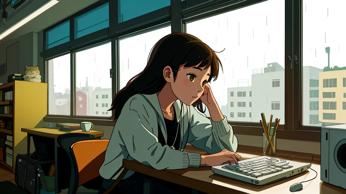 a girl in lofi style at a table with a computer facing a window studying, it&#39;s raining, It&#39;s 5 o&#39;clock in the morning, a mug of coffee next to the computer, she is wearing warm clothes in cold weather, socks and cold cap, a cute cat next to her while she studies, relaxing environment , yellow lights, calm and great environment for studying, calm and peaceful rain, lofi girl style, night ligthning, tons of cores with twilight, do Studio Ghibli