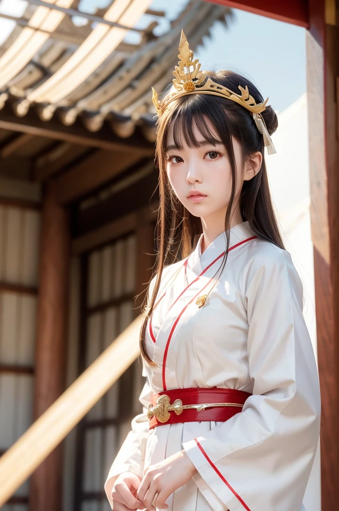White hunting uniform, a shinto shrine maiden, one-piece, detailed face, detailed eyes, detailed lips, long straight brown hair, gold simple thin hair tiara,  red straight lines on white outfit, conservative outfit, holding silver scissors, standing in a shrine courtyard, upper body closeup, high quality, digital art, photorealistic, dramatic lighting, cinematic, masterpiece
