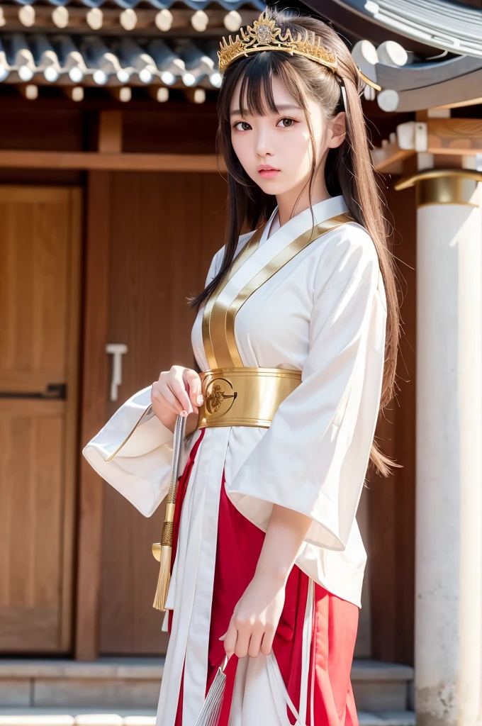 White hunting uniform, a shinto shrine maiden, one-piece, detailed face, detailed eyes, detailed lips, long straight brown hair, gold simple thin hair tiara,  red straight lines on white outfit, conservative outfit, holding silver scissors, standing in a shrine courtyard, upper body closeup, high quality, digital art, photorealistic, dramatic lighting, cinematic, masterpiece
