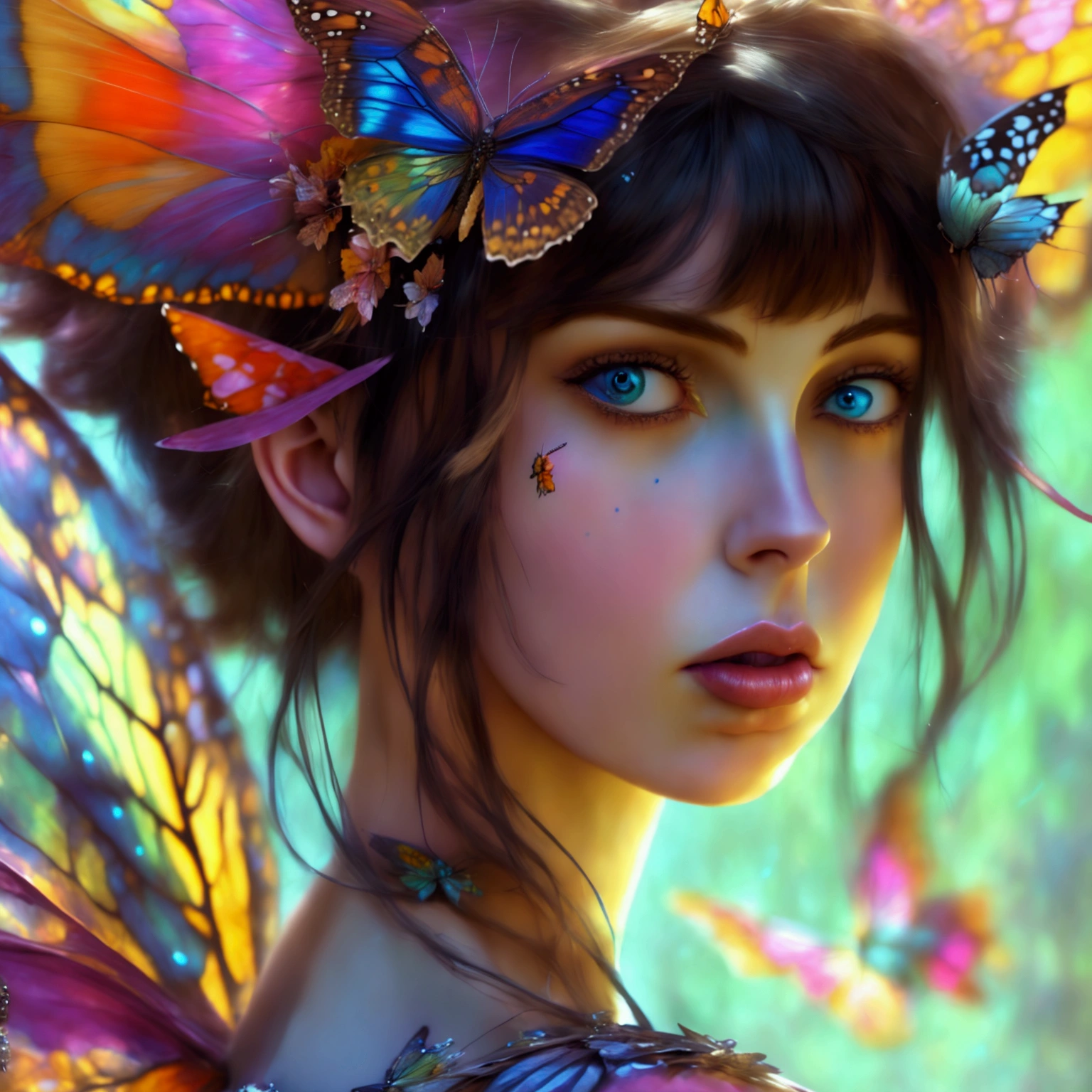 (Close-up of a woman with a butterfly costume:1.2), (fantasy art style:1.2), (ornate cosplay:1.2), (digital fantasy art:1.2), (Karol Bak UHD:1.2), (astral fairy:1.2), (colorful digital fantasy art:1.2), inspired by Hedi Xandt, fantasy art Behance, portrait of a fairy, vibrant fantasy style, (Ava Max:1.2), inspired by RossDraws, (masterpiece:1.4, best quality), (photo realistic:1.4), ethereal and magical, vibrant colors, intricate details, delicate brushstrokes, dynamic composition, rich textures, dramatic light and shadow, (glowing eyes:1.2), (detailed face:1.4), (expressive face:1.2), enchanting expression, surreal beauty, captivating features, otherworldly aura, perfect image quality, transcendent and unique