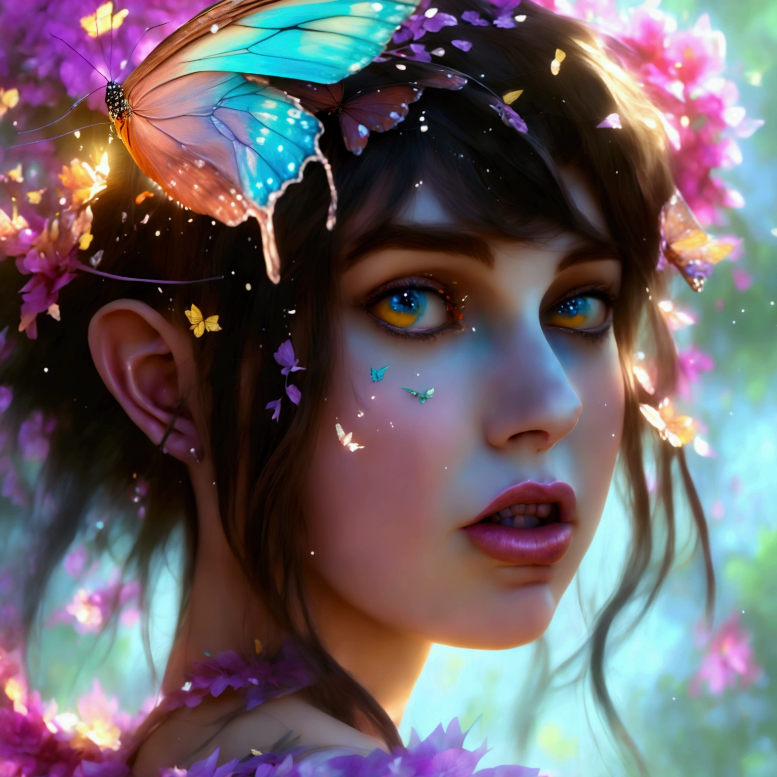 (Close-up of a woman with a butterfly costume:1.2), (fantasy art style:1.2), (ornate cosplay:1.2), (digital fantasy art:1.2), (Karol Bak UHD:1.2), (astral fairy:1.2), (colorful digital fantasy art:1.2), inspired by Hedi Xandt, fantasy art Behance, portrait of a fairy, vibrant fantasy style, (Ava Max:1.2), inspired by RossDraws, (masterpiece:1.4, best quality), (photo realistic:1.4), ethereal and magical, vibrant colors, intricate details, delicate brushstrokes, dynamic composition, rich textures, dramatic light and shadow, (glowing eyes:1.2), (detailed face:1.4), (expressive face:1.2), enchanting expression, surreal beauty, captivating features, otherworldly aura, perfect image quality, transcendent and unique