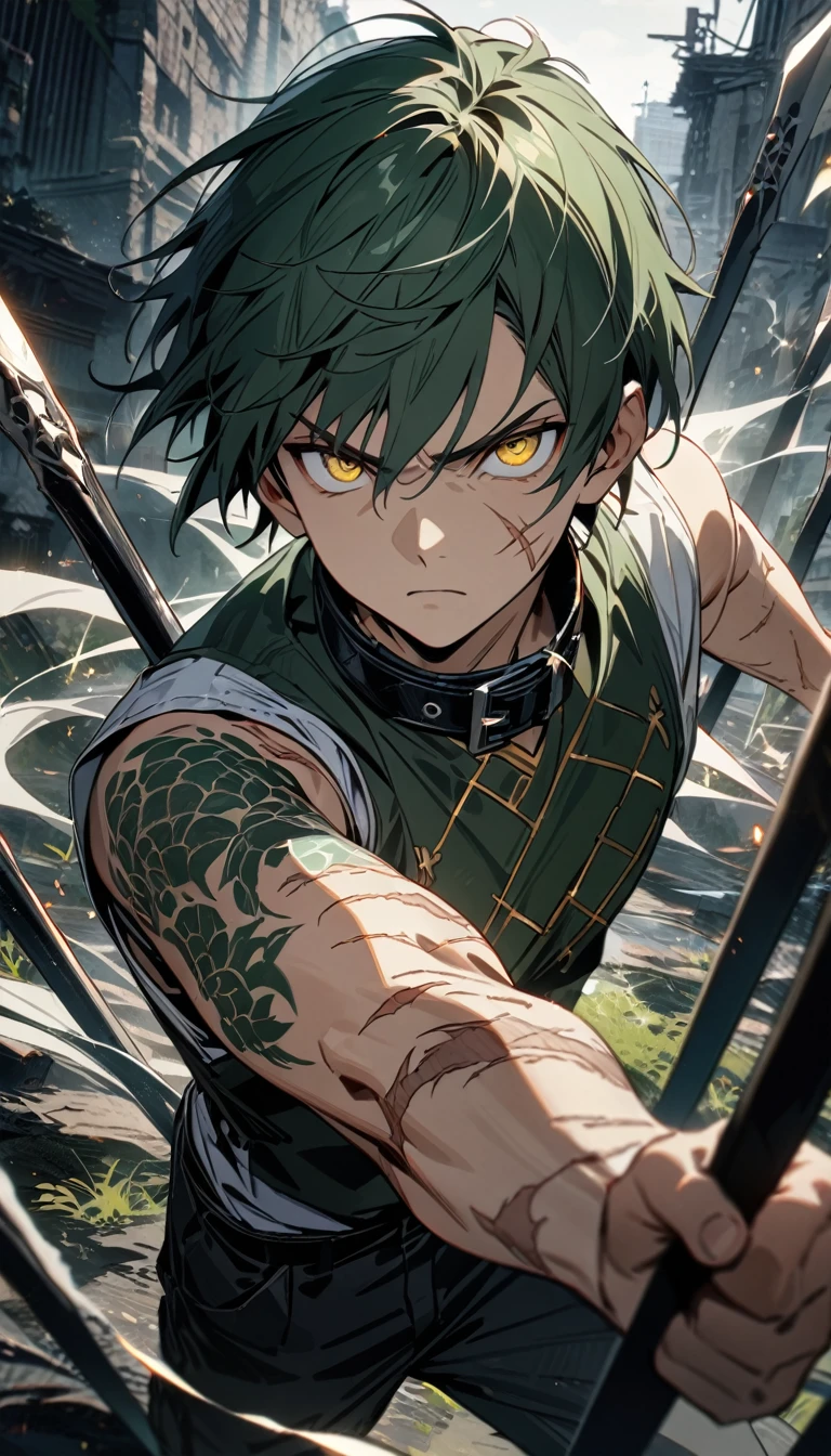 young boy, short dark green hair, yellow eyes, scars, white Chinese shirt, black collar, sleeveless, dark blue pants, green tattoo, serious, ghost spears, Masterpiece, best quality, Full HD, 8k, ultra details, great graphic