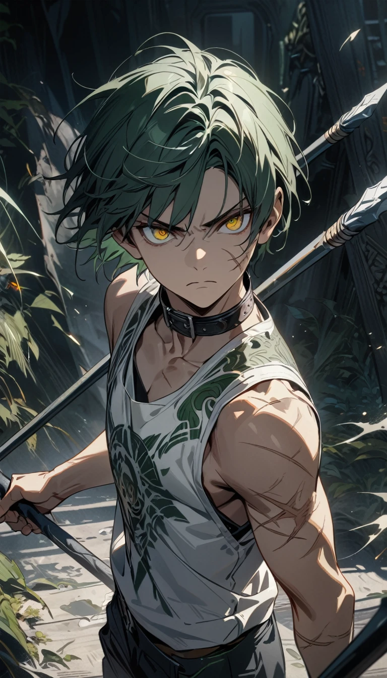 young boy, short dark green hair, yellow eyes, scars, white Chinese shirt, black collar, sleeveless, dark blue pants, green tattoo, serious, ghost spears, Masterpiece, best quality, Full HD, 8k, ultra details, great graphic