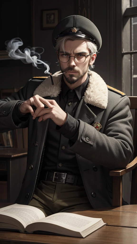 A young man of Slavic appearance with only light stubble, rough youthful features and white hair with darkened roots, wearing fur boots, dark gray military coat with fur collar, gloves,on the face there are glasses with square frames, the lenses sparkle in the light, a Soviet earflap on the head of a man with a Soviet star on it, solo, scar on eyebrow,scar on the lip,he himself stared at the viewer with a serious gaze,pale yellow eyes with a small pupil,the man himself inspires fear,his eyes emit a slight glow he himself is in twilight,there are square-framed glasses on his face and half of it is occupied by a fresh burn scar,he holds a slightly smoking cigarette in his hand, raised to his mouth,khaki pants,he sits on the right side of the table,on a chair, looking defiantly at the viewer and raising the barrel of a pistol towards the viewer with his other hand,continuing to smoke stigara,on the table there is a book by Dostoevsky and a bloody puddle next to it against the backdrop of a dark gloomy room with flashing lights. The man looks at the viewer extremely sternly and sternly without smiling.,he continues to smoke