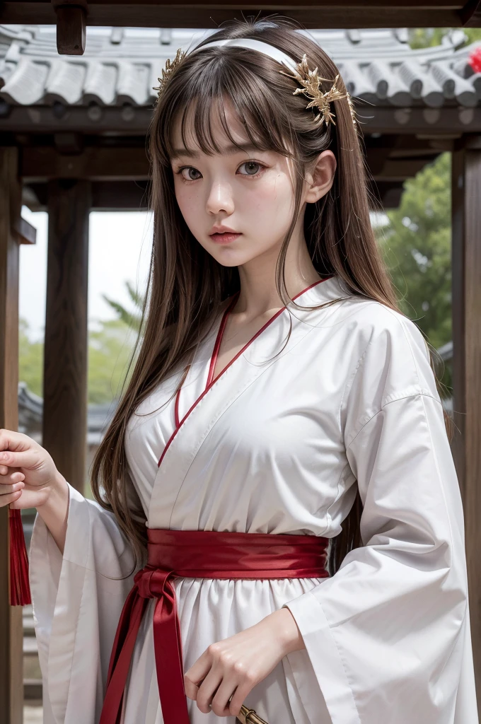 White Robe, Red line from shoulder to hip, a shinto shrine maiden, detailed face, detailed eyes, detailed lips, long straight brown hair, gold simple thin hair band, conservative outfit, holding silver scissors, standing in a shrine courtyard, upper body closeup, high quality, digital art, photorealistic, dramatic lighting, cinematic, masterpiece