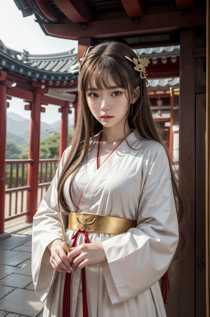 White Robe, Red line from shoulder to hip, a shinto shrine maiden, detailed face, detailed eyes, detailed lips, long straight brown hair, gold simple thin hair band, conservative outfit, holding silver scissors, standing in a shrine courtyard, upper body closeup, high quality, digital art, photorealistic, dramatic lighting, cinematic, masterpiece