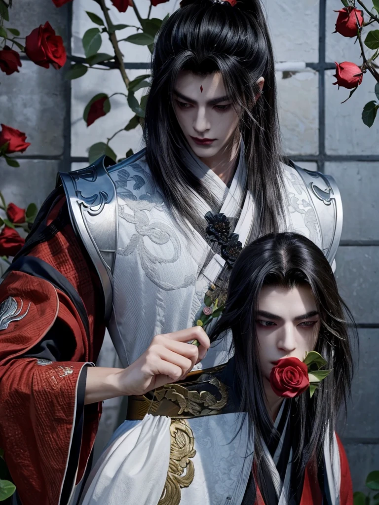 1boy, super handsome, black hair, biting a red rose on his mouth, hanfu style with silver armour holding a red rose, smelling a red rose