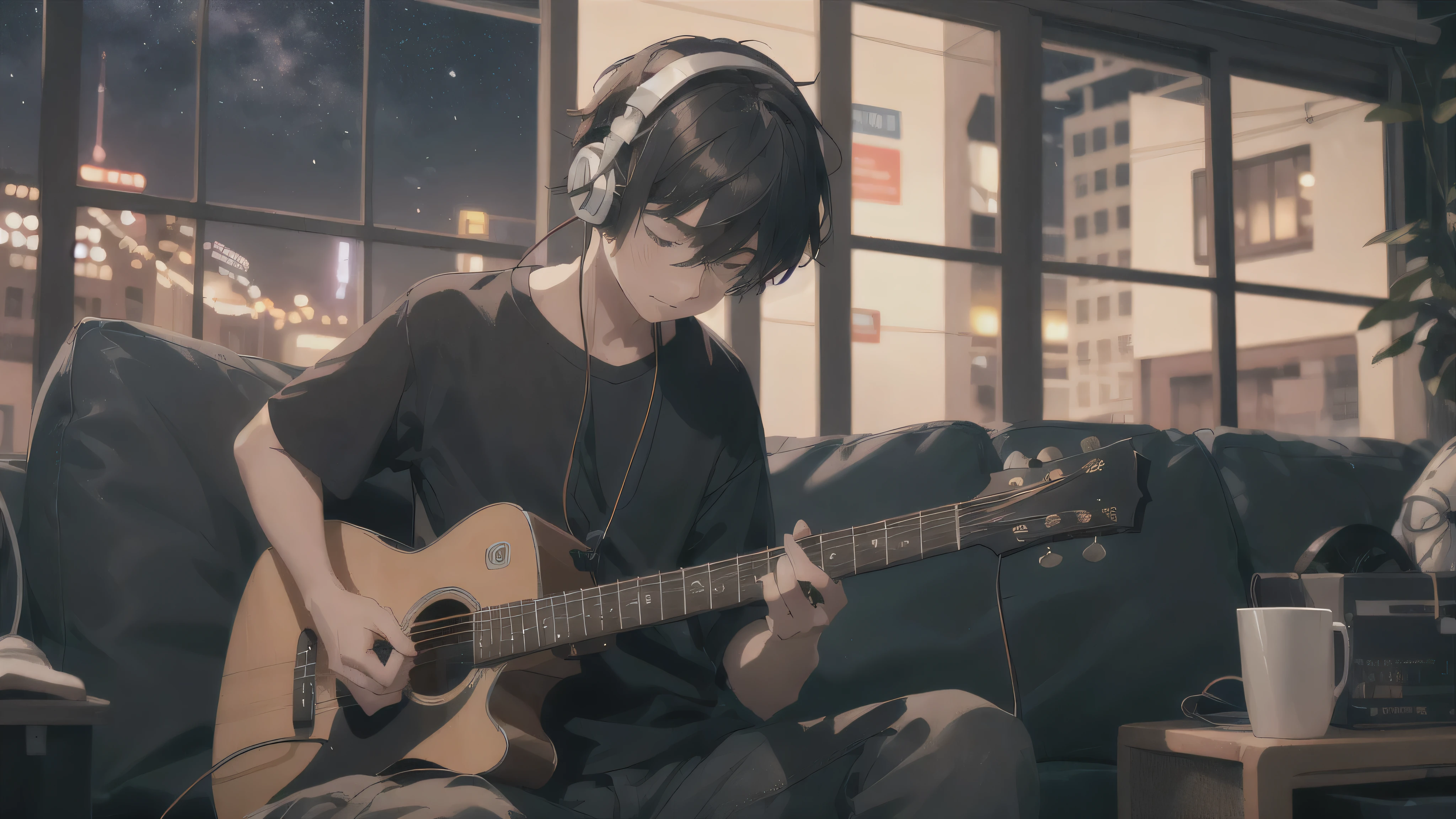 A boy wearing headphones playing guitar while enjoying the night view