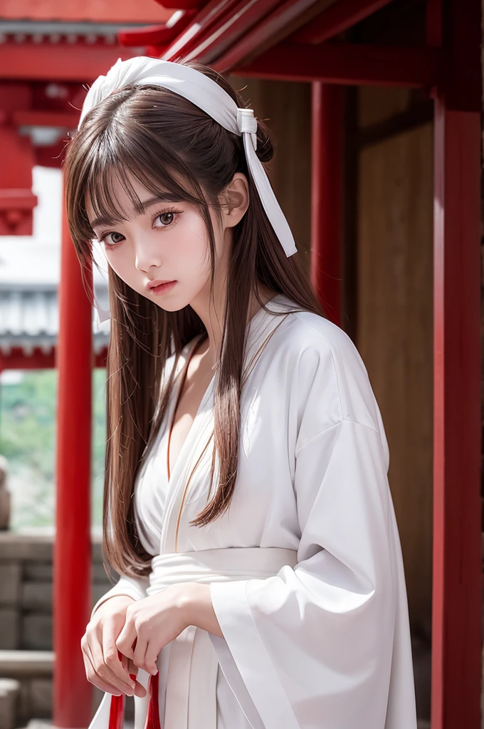 White Robe, Red line from shoulder to hip, a shinto shrine maiden, detailed face, detailed eyes, detailed lips, long straight brown hair, gold simple thin hair band, conservative outfit, holding silver scissors, standing in a shrine courtyard, upper body closeup, high quality, digital art, photorealistic, dramatic lighting, cinematic, masterpiece