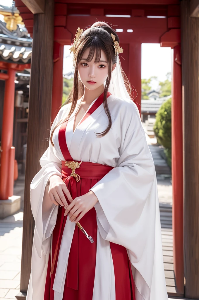 White Robe, Red line from shoulder to hip, a shinto shrine maiden, detailed face, detailed eyes, detailed lips, long straight brown hair, gold simple thin hair band, conservative outfit, holding silver scissors, standing in a shrine courtyard, upper body closeup, high quality, digital art, photorealistic, dramatic lighting, cinematic, masterpiece