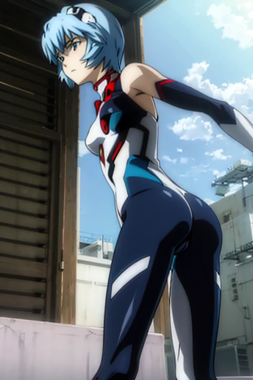 Rei Ayanami posing sensually highlighting her butt in her pilot suit, with a challenging and seductive look