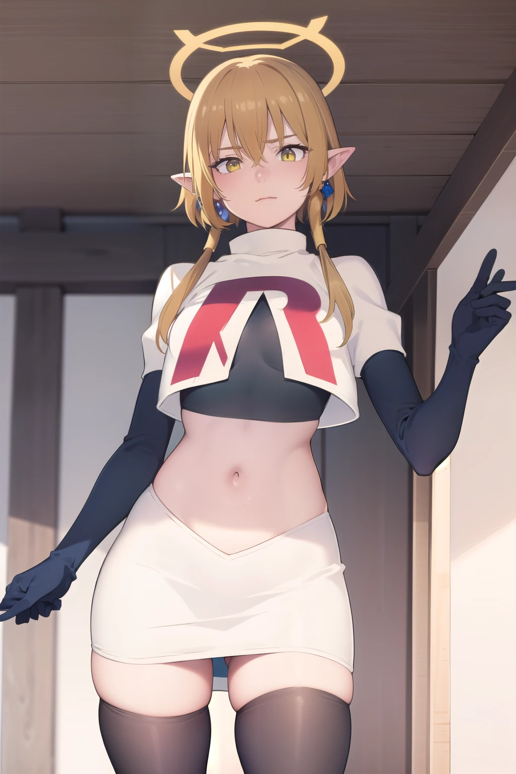 (Masterpiece), (realistic skin texture), extremely detailed, best quality, woman, short hair, blonde hair, yellow eyes, long twintails, pointy ears, halo, gold and purple earrings, team rocket,team rocket uniform,white skirt,red letter R,crop top,black thigh-highs,black elbow gloves