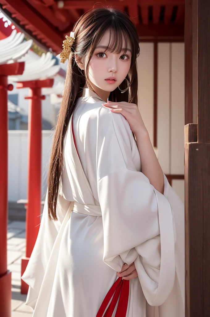 White Robe, Red line from shoulder to hip, a shinto shrine maiden, detailed face, detailed eyes, detailed lips, long straight brown hair, gold simple thin hair band, conservative outfit, holding silver scissors, standing in a shrine courtyard, upper body closeup, high quality, digital art, photorealistic, dramatic lighting, cinematic, masterpiece