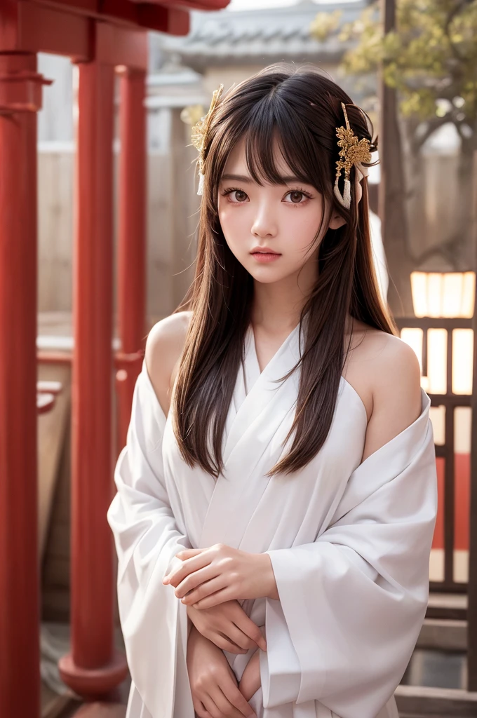 White Robe, Red line from shoulder to hip, a shinto shrine maiden, detailed face, detailed eyes, detailed lips, long straight brown hair, gold simple thin hair band, conservative outfit, holding silver scissors, standing in a shrine courtyard, upper body closeup, high quality, digital art, photorealistic, dramatic lighting, cinematic, masterpiece