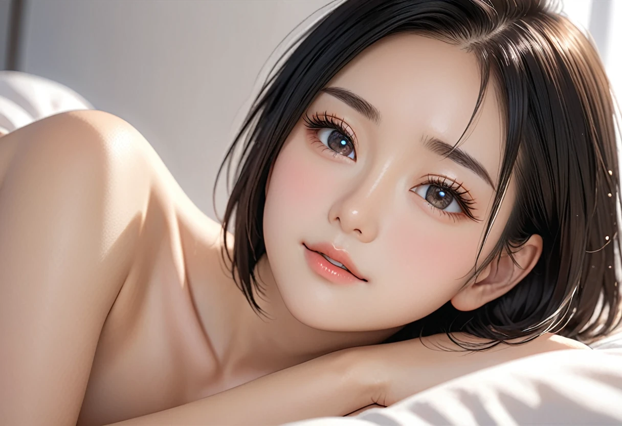 Portrait of a young woman in Japan、One Girl、18-year-old、Alone、(whole body)、(Full nudity)、Perspective from slightly above、Lying down、(Lying in bed and masturbating)、sexy、Shyness、Ecstatic expression、Beautiful Face、Detailed face、Long eyelashes, Short Bob、Black Hair、(Small breasts)、Smooth Skin、 Realistic、Cinematic Light、Soft Light、Bokeh、RAW Photos、Professional photos、(Blank Background)、(Highest quality, masterpiece, High resolution)、4K、wallpaper、