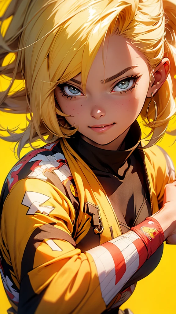 Anime style illustration of a female character with yellow hair., smiling on a yellow background. The artwork features bright colors., Intricate details and sharp focus with high resolution and high level of detail. It has a perfect composition in anime art style with Japanese manga art style.. The rendering is of the best quality in the style of Akira Toriyama and Nyo.. --AR 21:32