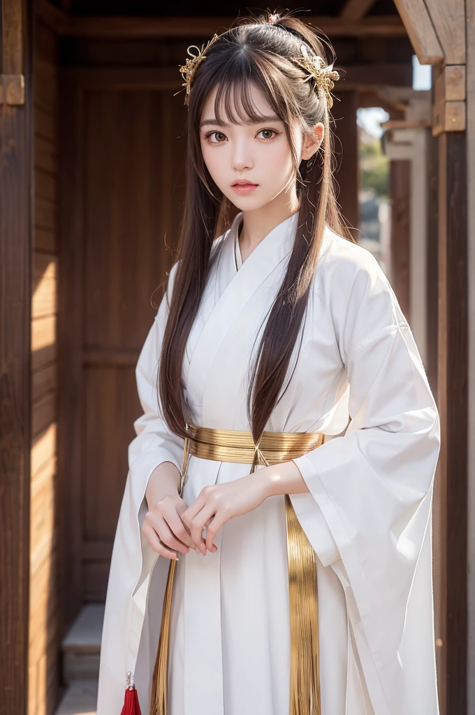 White hunting uniform, a shinto shrine maiden, detailed face, detailed eyes, detailed lips, long straight brown hair, gold simple thin hair band,  red straight lines on white outfit, conservative outfit, holding silver scissors, standing in a shrine courtyard, upper body closeup, high quality, digital art, photorealistic, dramatic lighting, cinematic, masterpiece