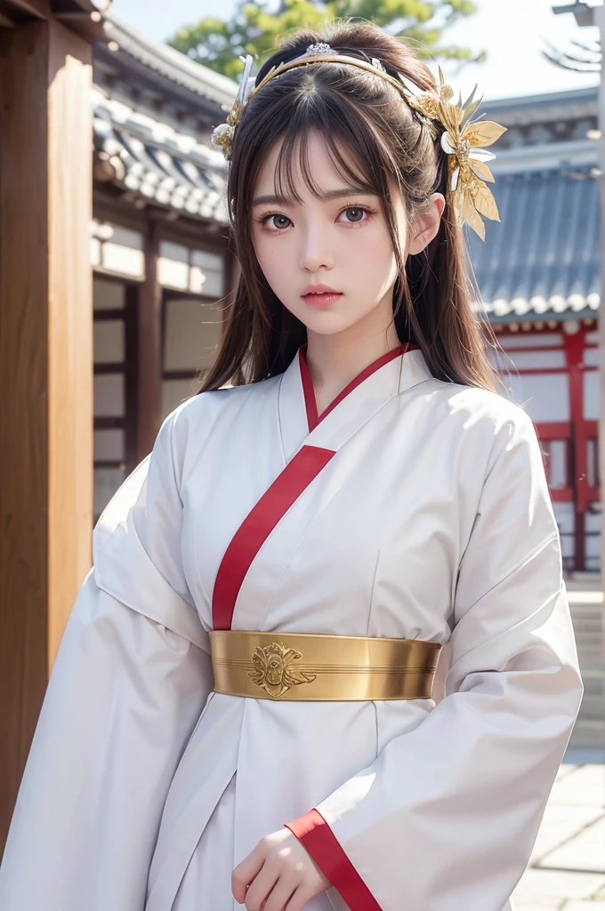 White hunting uniform, a shinto shrine maiden, detailed face, detailed eyes, detailed lips, long straight brown hair, gold simple thin hair band,  red straight lines on white outfit, conservative outfit, holding silver scissors, standing in a shrine courtyard, upper body closeup, high quality, digital art, photorealistic, dramatic lighting, cinematic, masterpiece