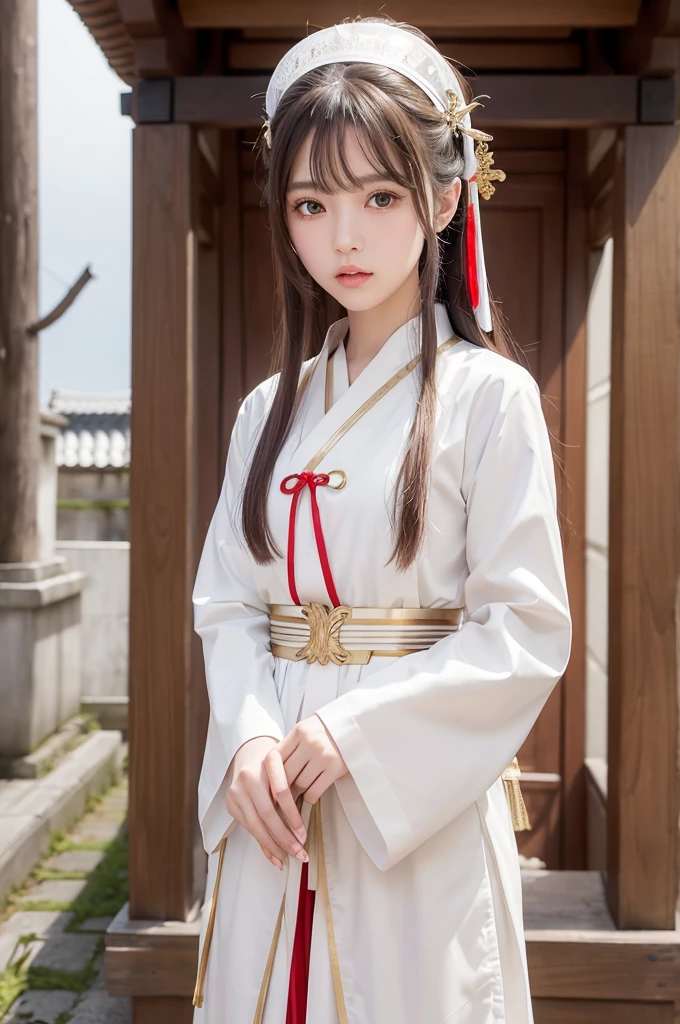 White hunting uniform, a shinto shrine maiden, detailed face, detailed eyes, detailed lips, long straight brown hair, gold simple thin hair band, red straight lines on white outfit, conservative outfit, holding silver scissors, standing in a shrine courtyard, upper body closeup, high quality, digital art, photorealistic, dramatic lighting, cinematic, masterpiece