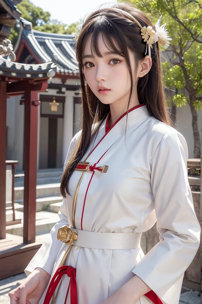 White hunting uniform, a shinto shrine maiden, detailed face, detailed eyes, detailed lips, long straight brown hair, gold simple thin hair band, red straight lines on white outfit, conservative outfit, holding silver scissors, standing in a shrine courtyard, upper body closeup, high quality, digital art, photorealistic, dramatic lighting, cinematic, masterpiece