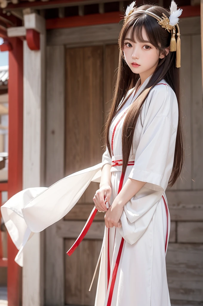 White hunting uniform, a shinto shrine maiden, detailed face, detailed eyes, detailed lips, long straight brown hair, gold simple thin hair band, red straight lines on white outfit, conservative outfit, holding silver scissors, standing in a shrine courtyard, upper body closeup, high quality, digital art, photorealistic, dramatic lighting, cinematic, masterpiece