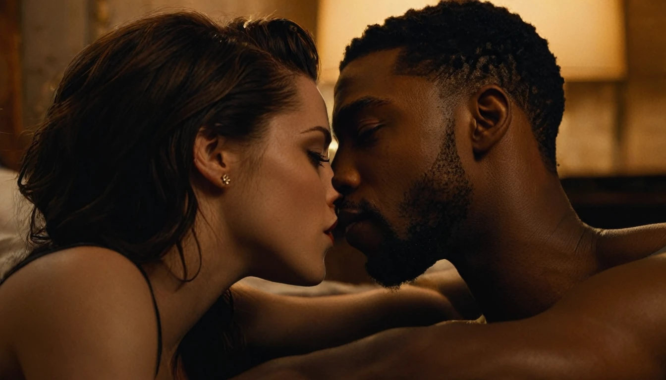 Kristen Stewart and a handsome African American male whose facial features are a combo of Charles Michael Davis + Chadwick Boseman share a steamy kiss inside a bedroom lit only by candlelight. Kristen has lovely makeup on her face. Nighttime. Romantic ambiance. Symmetrical eyes. Symmetrical faces. Lovely details. Photorealistic. Full-colored photo. Professional photo. Highly detailed 8K.