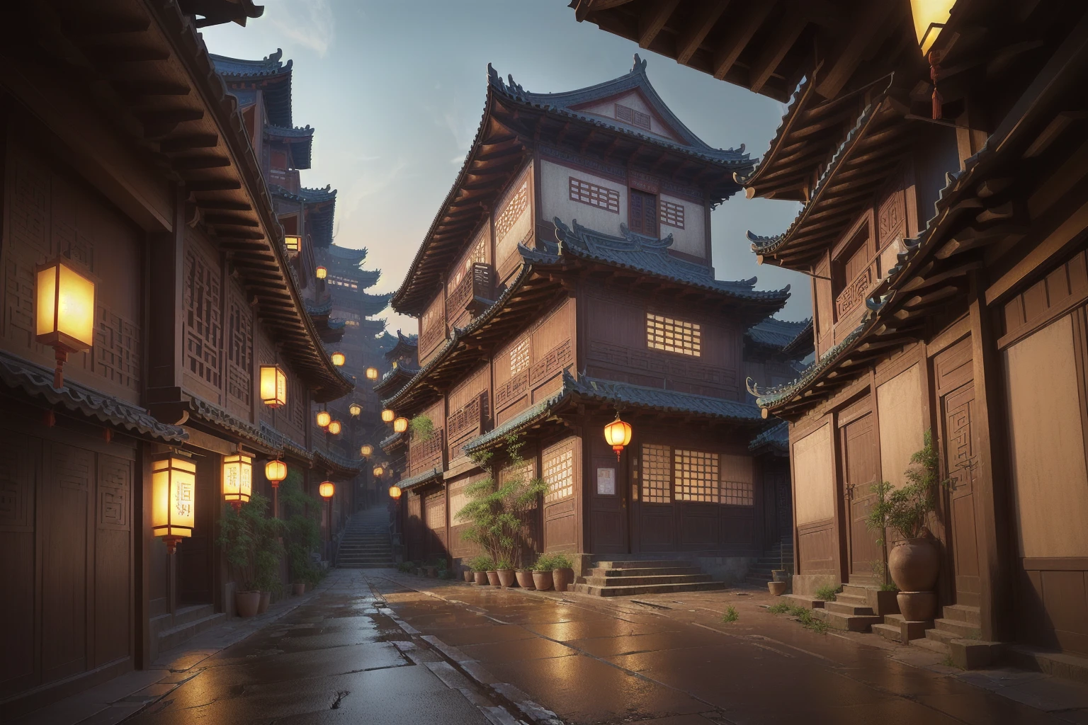 there is a narrow street,There are many buildings and plants, Dream China Town, china village, andreas rocha style, Cyberpunk ancient Chinese castle, Beautiful rendering of the Tang Dynasty, ancient city landscape, The ancient city streets behind her, author:Victor Wang, old asian village, Inspired by Zhang Sengyao, Pan Chengwei on artstation, In an ancient city , ((low angle shot 1.7)) ((Camera lens close to the ground to shoot 1.8))