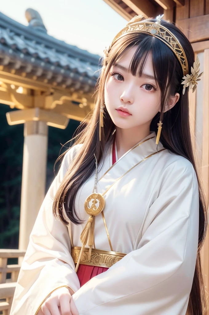 White hunting uniform, a shinto shrine maiden, one-piece, detailed face, detailed eyes, detailed lips, long straight brown hair, gold simple thin hair tiara,  red straight lines on white outfit, conservative outfit, holding silver scissors, standing in a shrine courtyard, upper body closeup, high quality, digital art, photorealistic, dramatic lighting, cinematic, masterpiece