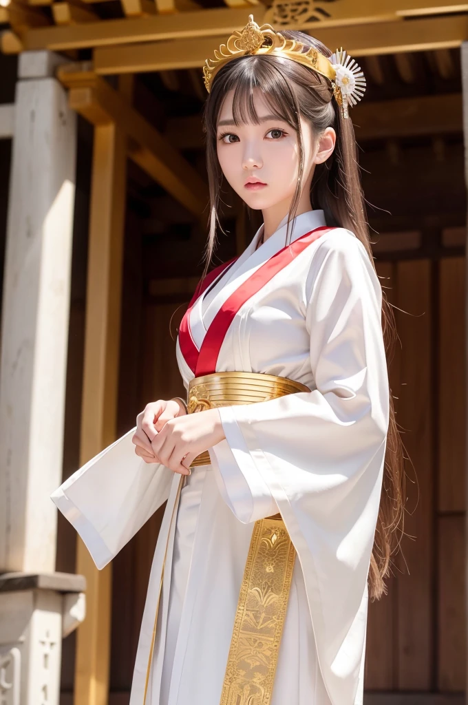 White hunting uniform, a shinto shrine maiden, one-piece, detailed face, detailed eyes, detailed lips, long straight brown hair, gold simple thin hair tiara, red straight lines on white outfit, conservative outfit, holding silver scissors, standing in a shrine courtyard, upper body closeup, high quality, digital art, photorealistic, dramatic lighting, cinematic, masterpiece