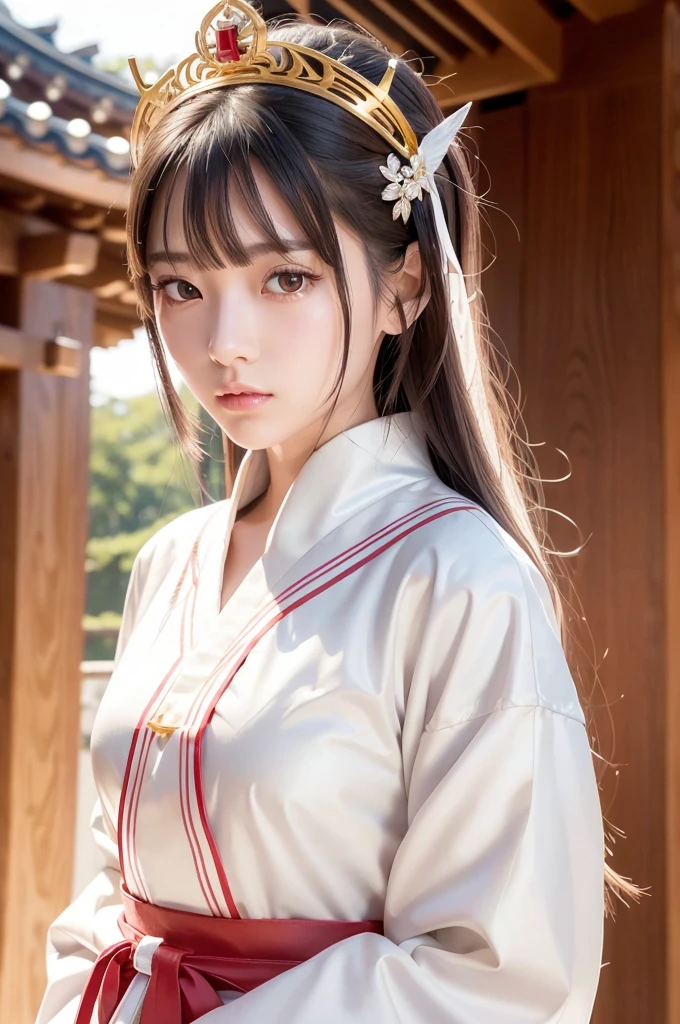 White hunting uniform, a shinto shrine maiden, one-piece, detailed face, detailed eyes, detailed lips, long straight brown hair, gold simple thin hair tiara, red straight lines on white outfit, conservative outfit, holding silver scissors, standing in a shrine courtyard, upper body closeup, high quality, digital art, photorealistic, dramatic lighting, cinematic, masterpiece