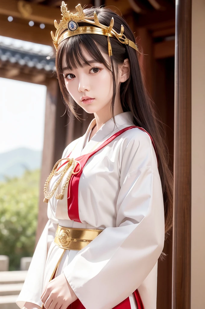 White hunting uniform, a shinto shrine maiden, one-piece, detailed face, detailed eyes, detailed lips, long straight brown hair, gold simple thin hair tiara, red straight lines on white outfit, conservative outfit, holding silver scissors, standing in a shrine courtyard, upper body closeup, high quality, digital art, photorealistic, dramatic lighting, cinematic, masterpiece