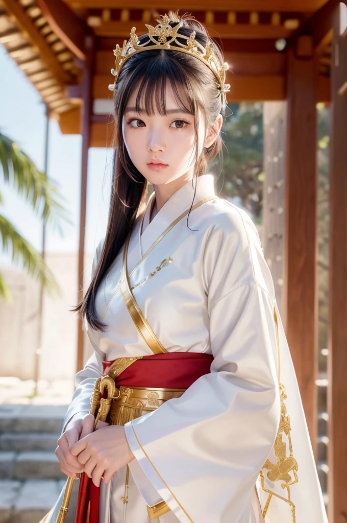 White hunting uniform, a shinto shrine maiden, one-piece, detailed face, detailed eyes, detailed lips, long straight brown hair, gold simple thin hair tiara, red straight lines on white outfit, conservative outfit, holding silver scissors, standing in a shrine courtyard, upper body closeup, high quality, digital art, photorealistic, dramatic lighting, cinematic, masterpiece